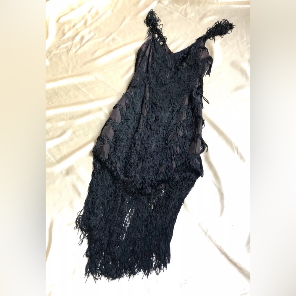 Vintage 80's Black Fringe Shimmy Go Go Flapper Dress - Size 9. 1920s costume.